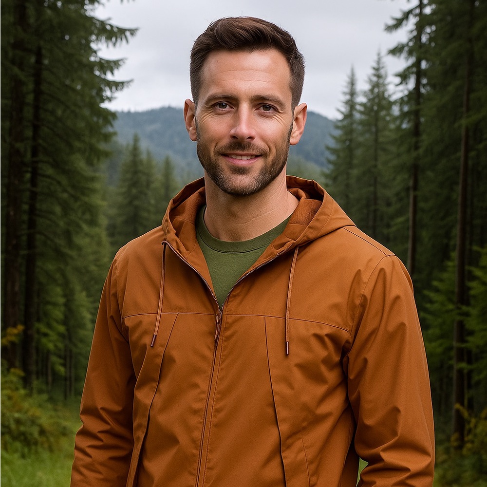 Men's Tan Windbreaker with hood- great for all seasons!